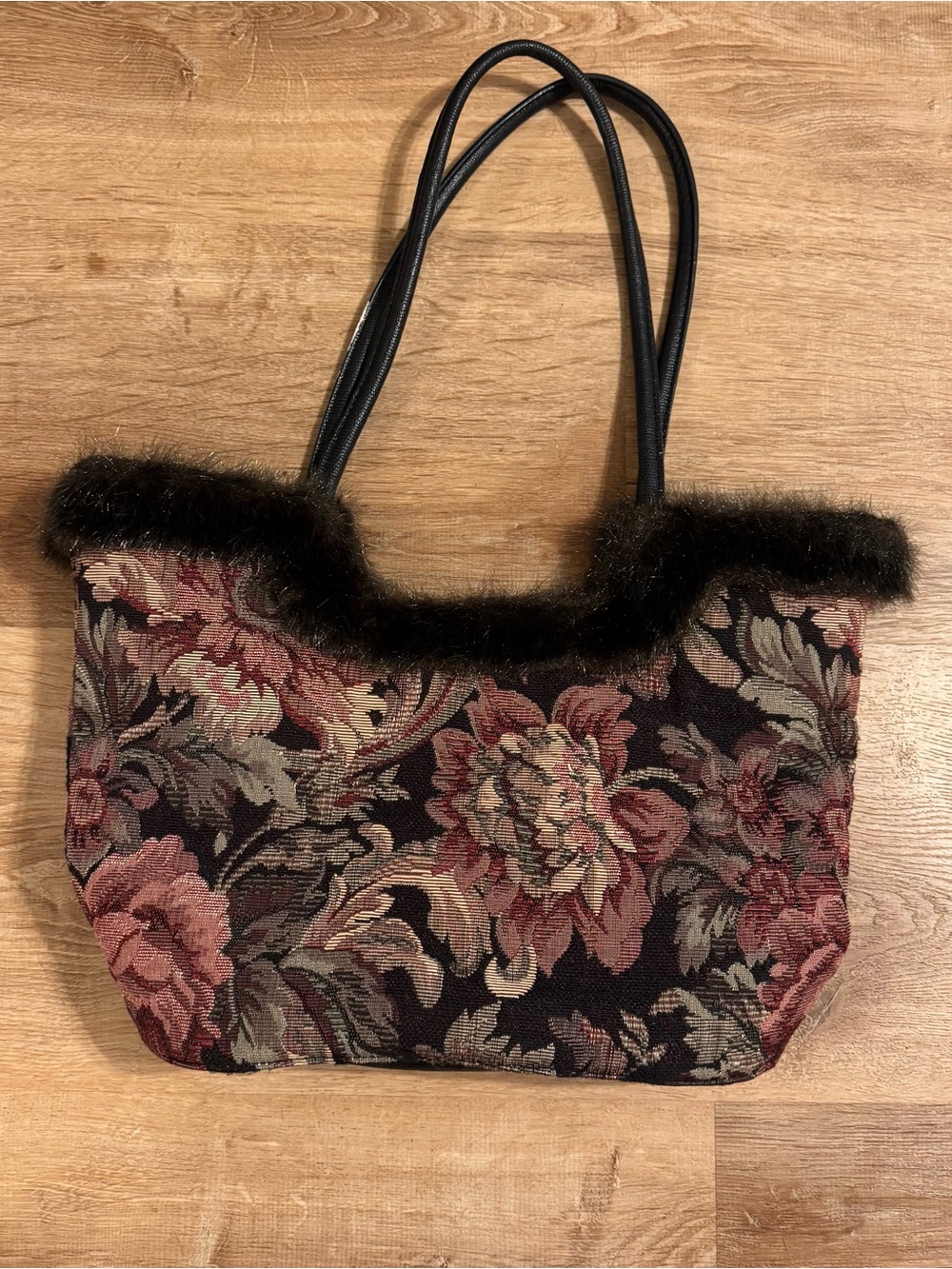 Vintage Y2K Tapestry Faux Fur Trim Shoulder Bag Whimsigoth Tote